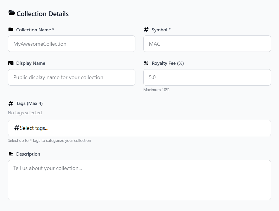 Filling collection name, symbol, royalty, description