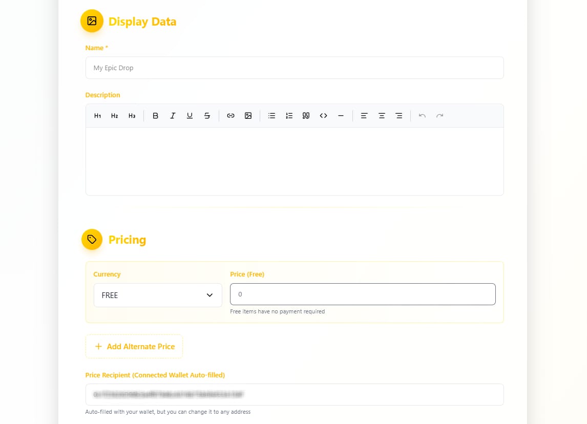 Setting drop name, description, and price
